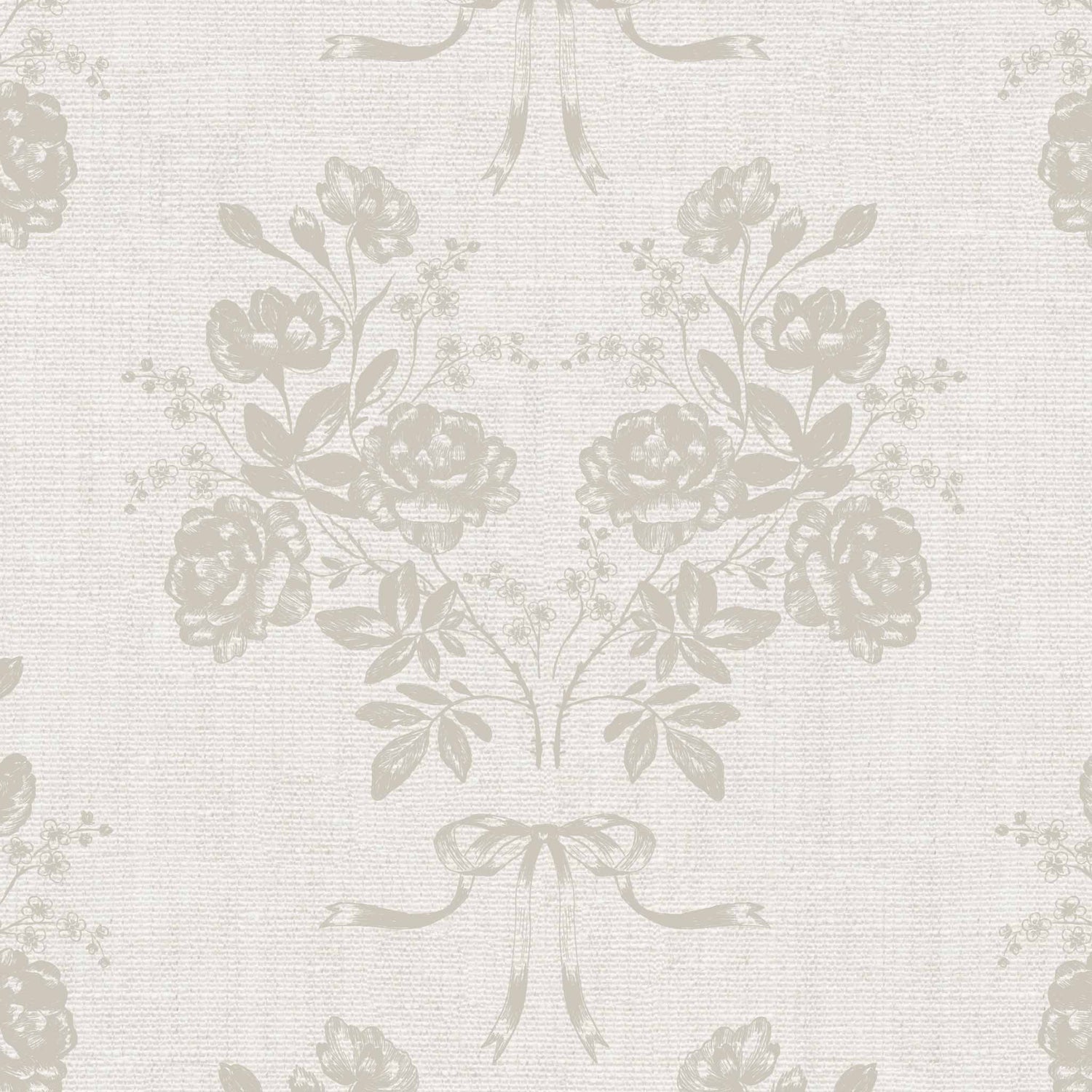 Roses and Ribbons Wallpaper in Off White shown close up.