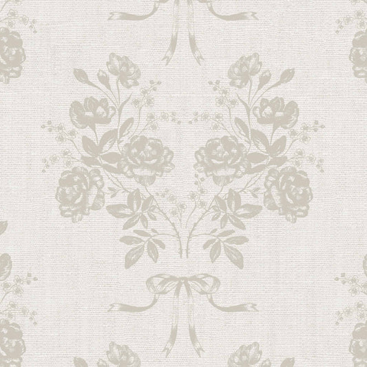 Roses and Ribbons Wallpaper in Off White shown close up.