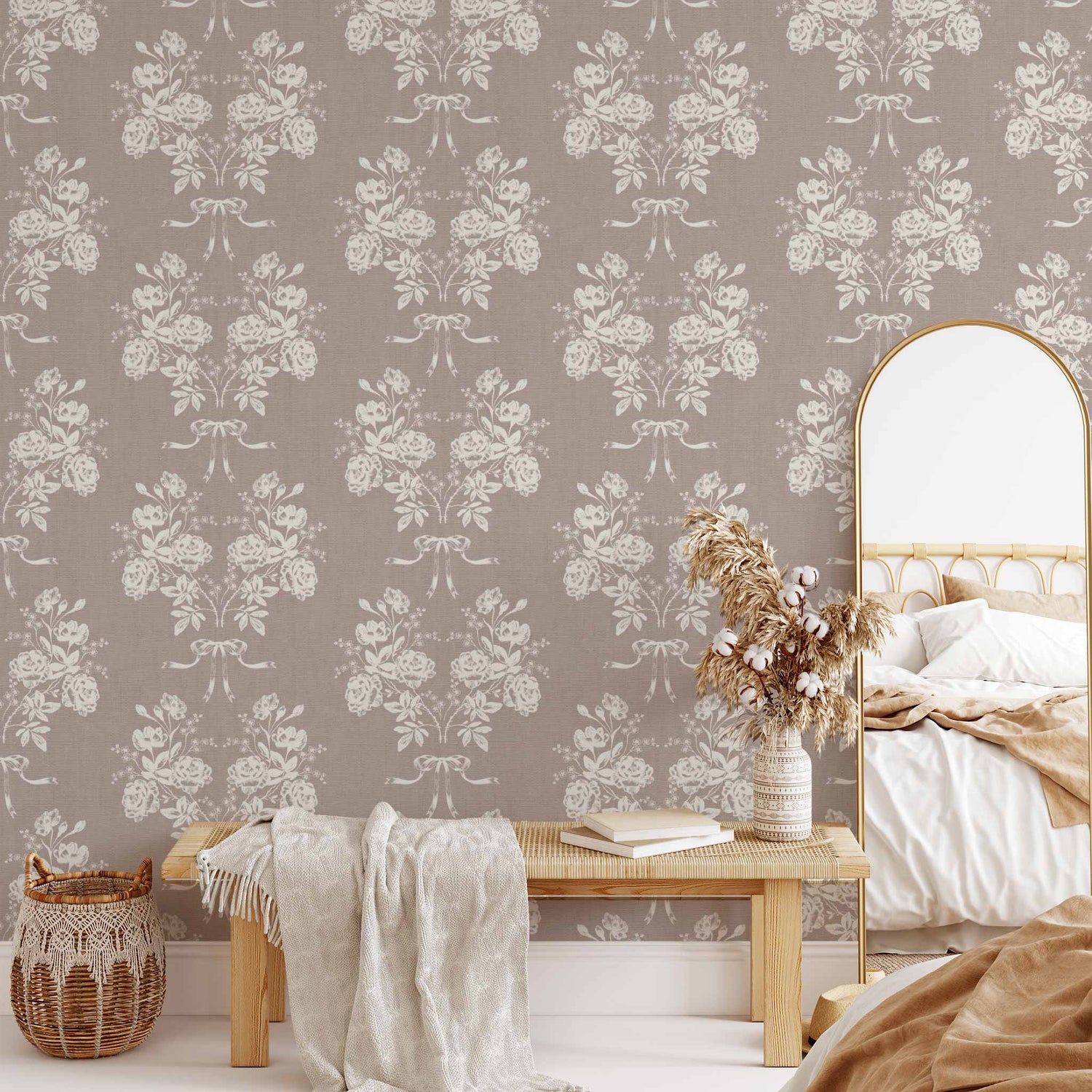 Roses and Ribbons Wallpaper in Old Burgundy shown in a living room.