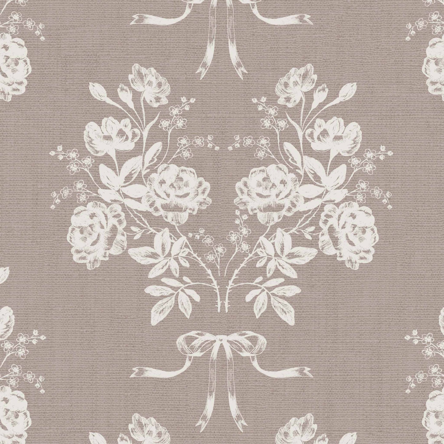 Roses and Ribbons Wallpaper in Old Burgundy shown close up.