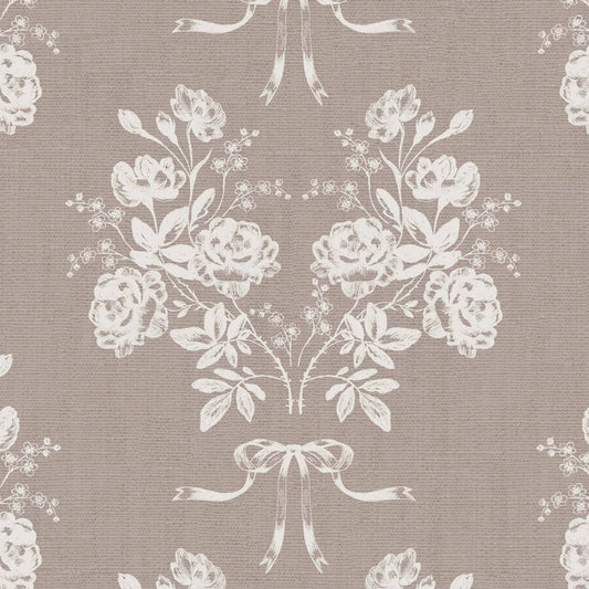 Roses and Ribbons Wallpaper in Old Burgundy shown close up.