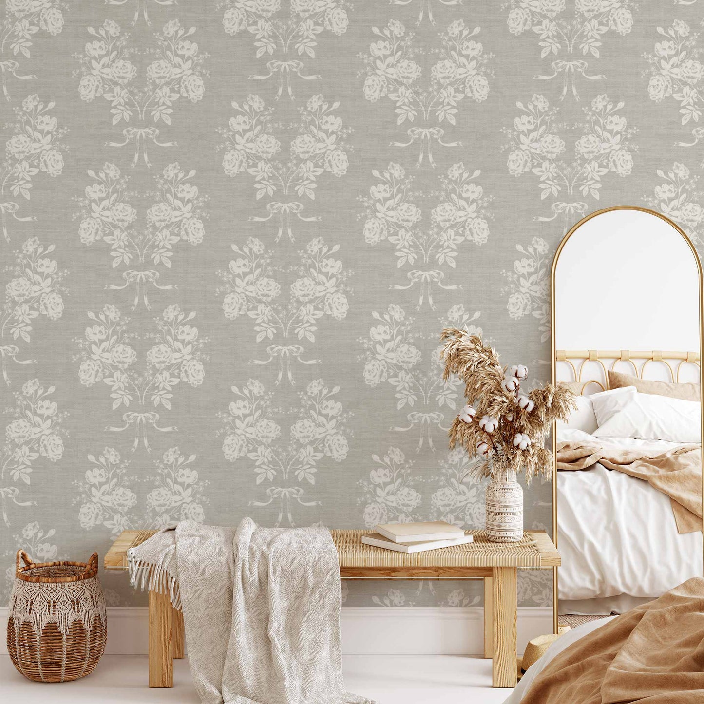 Roses and Ribbons Wallpaper in Olive shown in a living room.