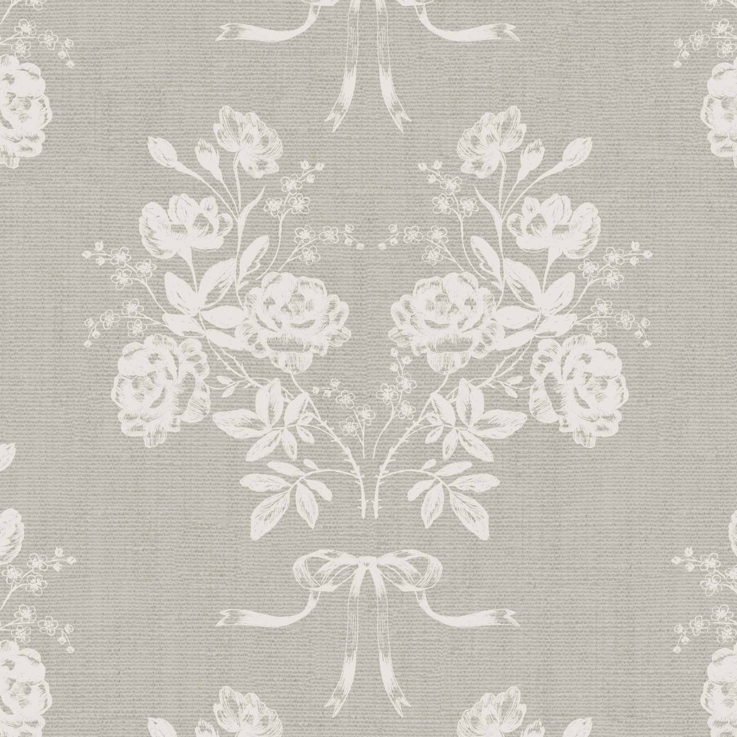 Roses and Ribbons Wallpaper in Olive shown close up.