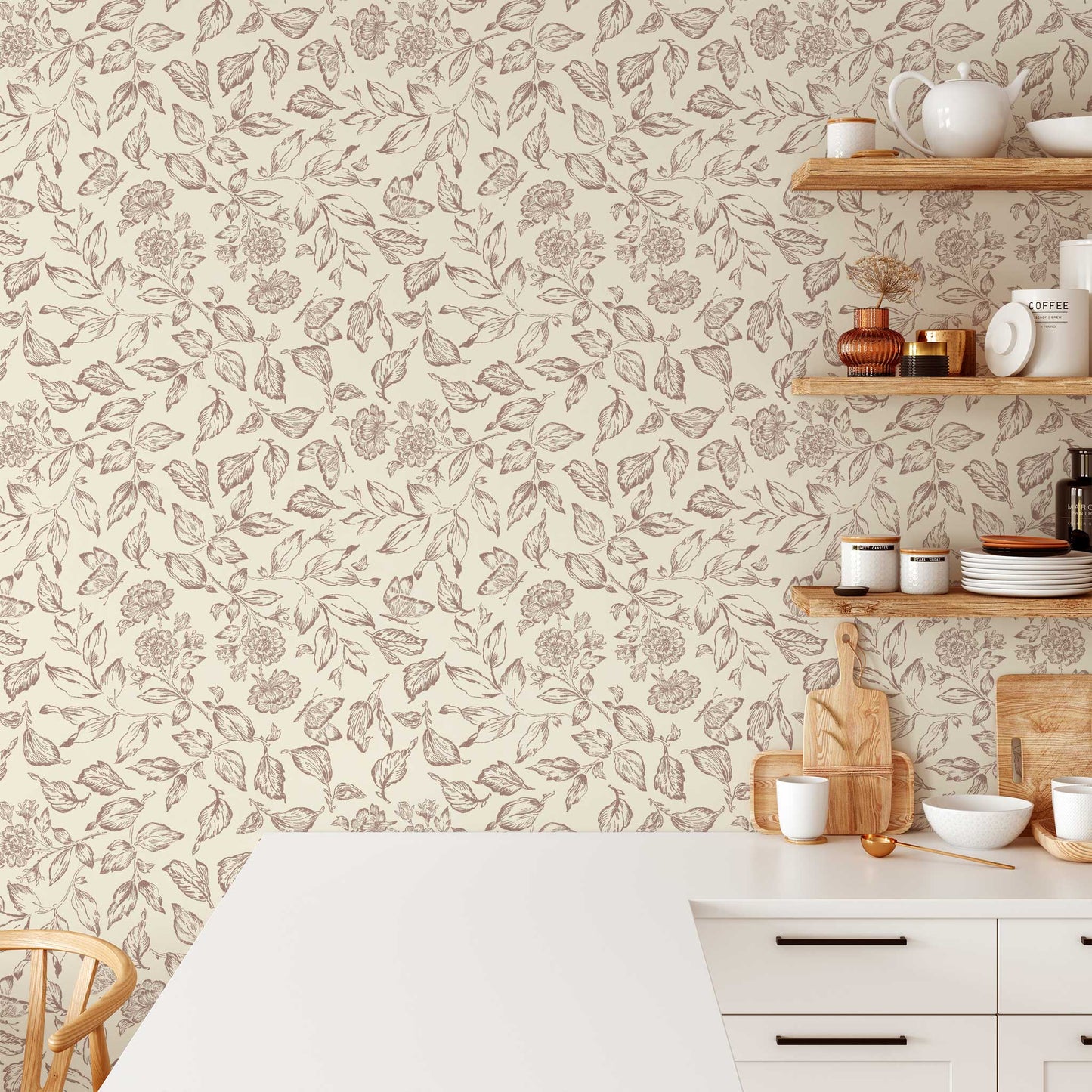 Butterfly Rose Garden Wallpaper in Cocoa shown in a kitchen.