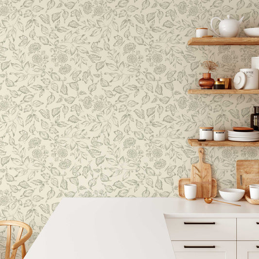 Butterfly Rose Garden Wallpaper in Dry Sage shown in a kitchen.