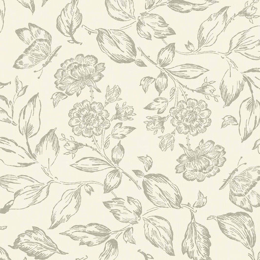Butterfly Rose Garden Wallpaper in Dry Sage shown up close.