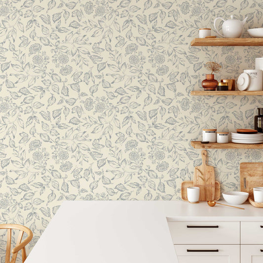 Butterfly Rose Garden Wallpaper in Dusty Blue shown in a kitchen.