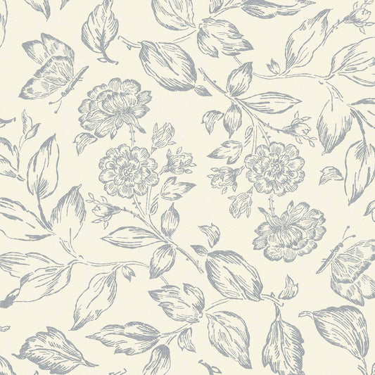 Butterfly Rose Garden Wallpaper in Dusty Blue shown up close.