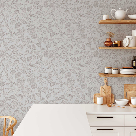 Butterfly Rose Garden Wallpaper in Gray Blue shown in a kitchen.