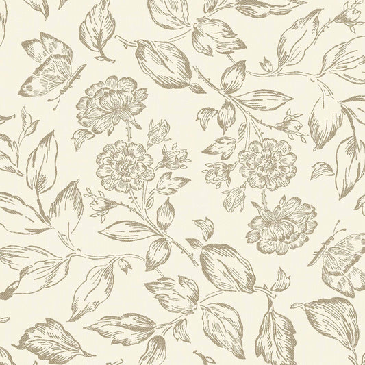 Butterfly Rose Garden Wallpaper in Neutral shown up close.