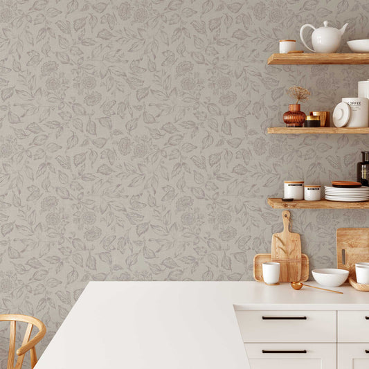 Butterfly Rose Garden Wallpaper in Taupe shown in a kitchen.
