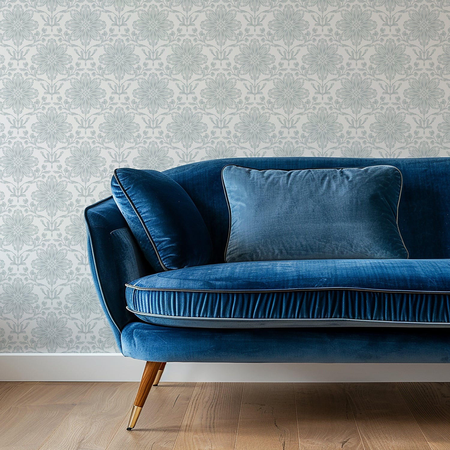 Rosette Wallpaper in Sky Blue shown in a living room.