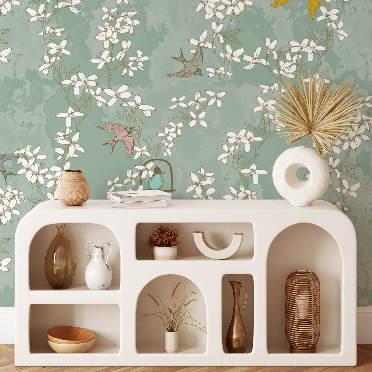 Chinoiserie Wallpaper shown in a living room.