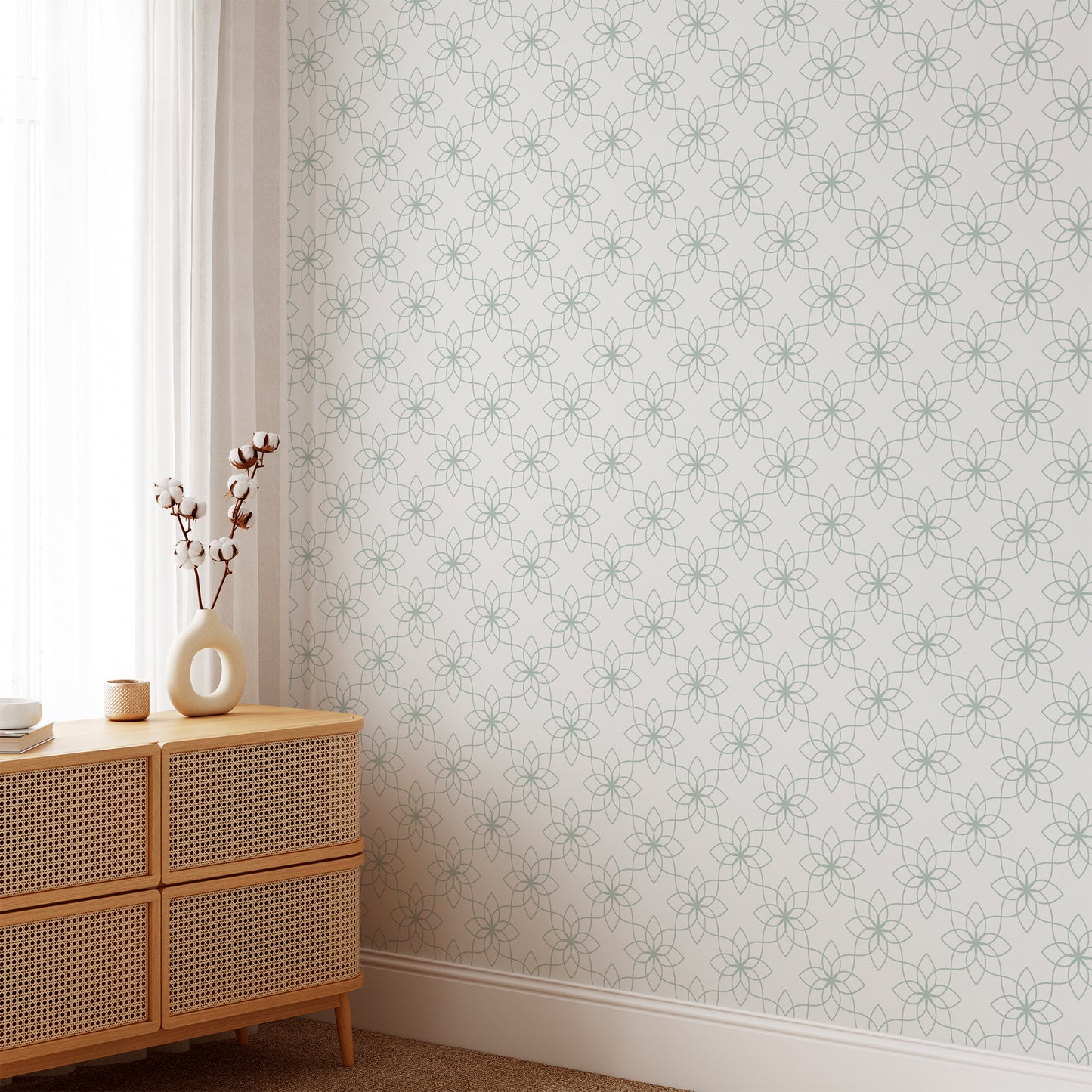 The Floral Tile wallpaper in Sea Green shown in a living room.