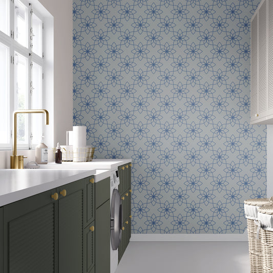 Floral Tile Wallpaper in Royal Blue shown in a laundry room.