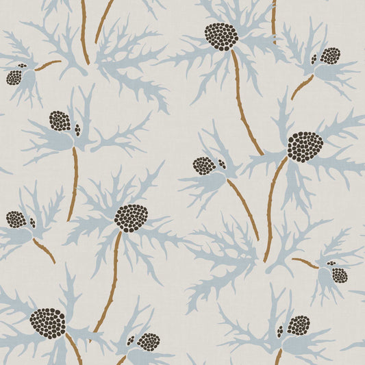 Closeup view of our Coastal Sea Holly Wallpaper in Blue on Soft Gray