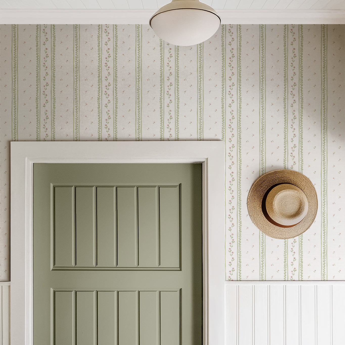 Shabby Chic Bouquet Wallpaper in Blush shown in a hallway.