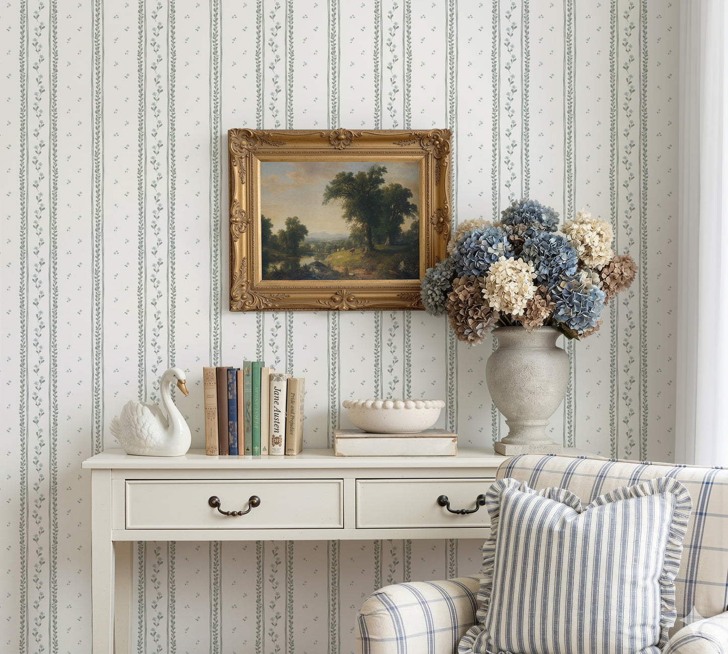 Shabby Chic Bouquet Wallpaper in Blue shown in an office.