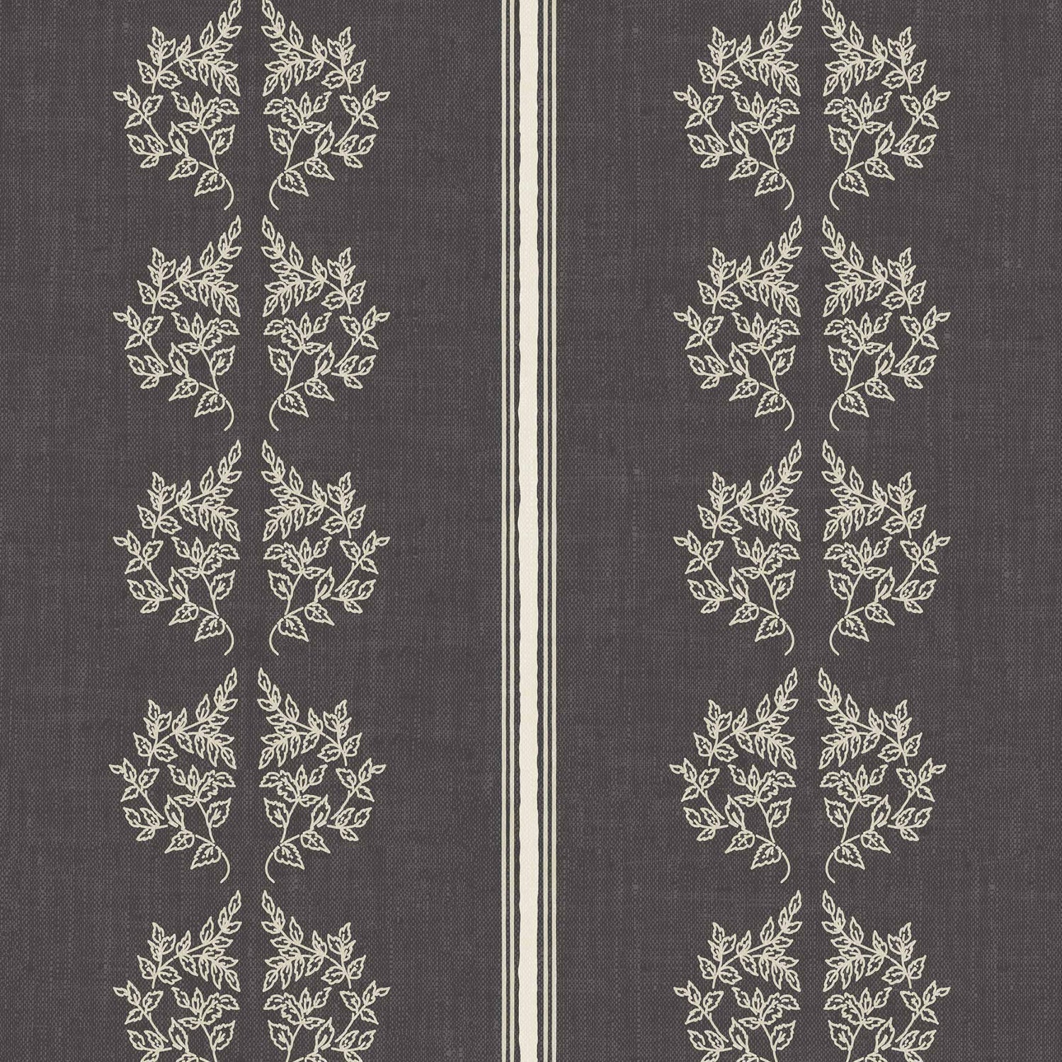 Vintage Branches and Stripes Wallpaper in Charcoal shown up close.