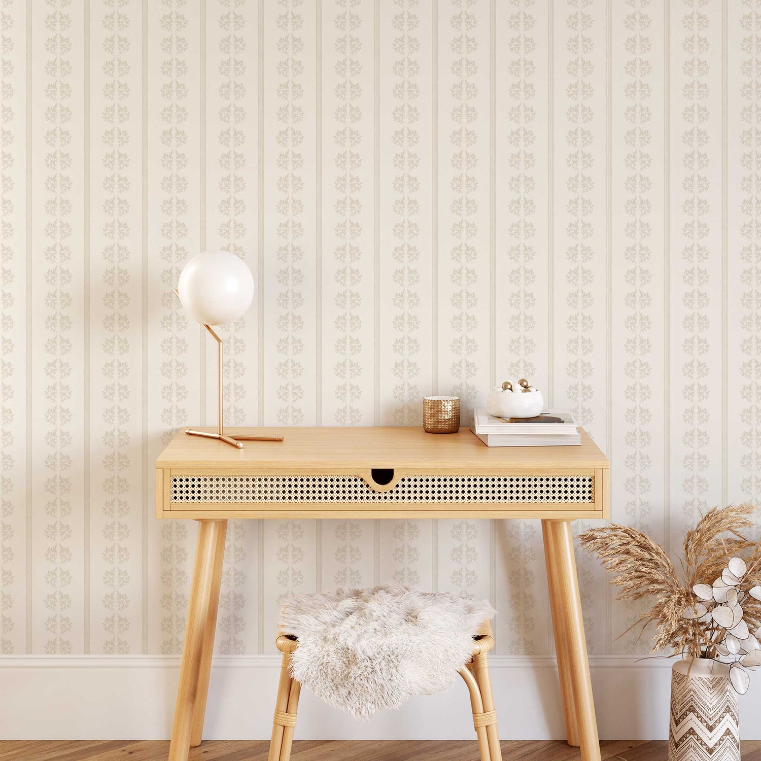 Vintage Branches and Stripes Wallpaper in Cream shown in an office.