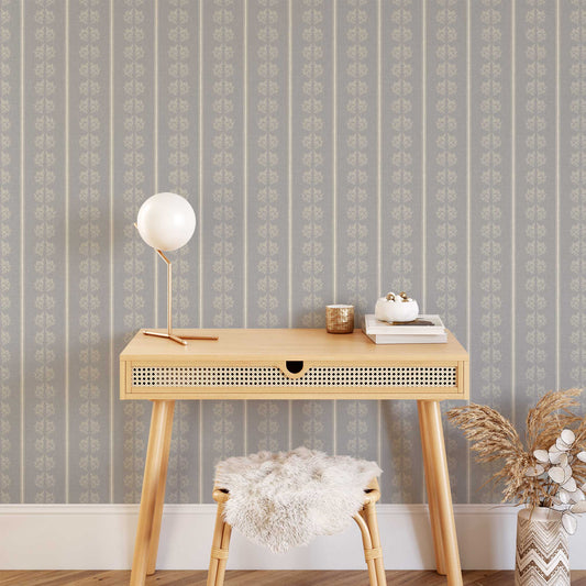 Vintage Branches and Stripes Wallpaper in Dove Gray shown in an office.