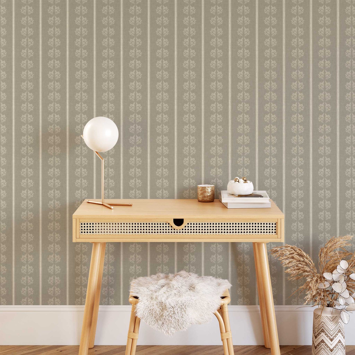 Vintage Branches and Stripes Wallpaper in Dry Sage shown in an office.