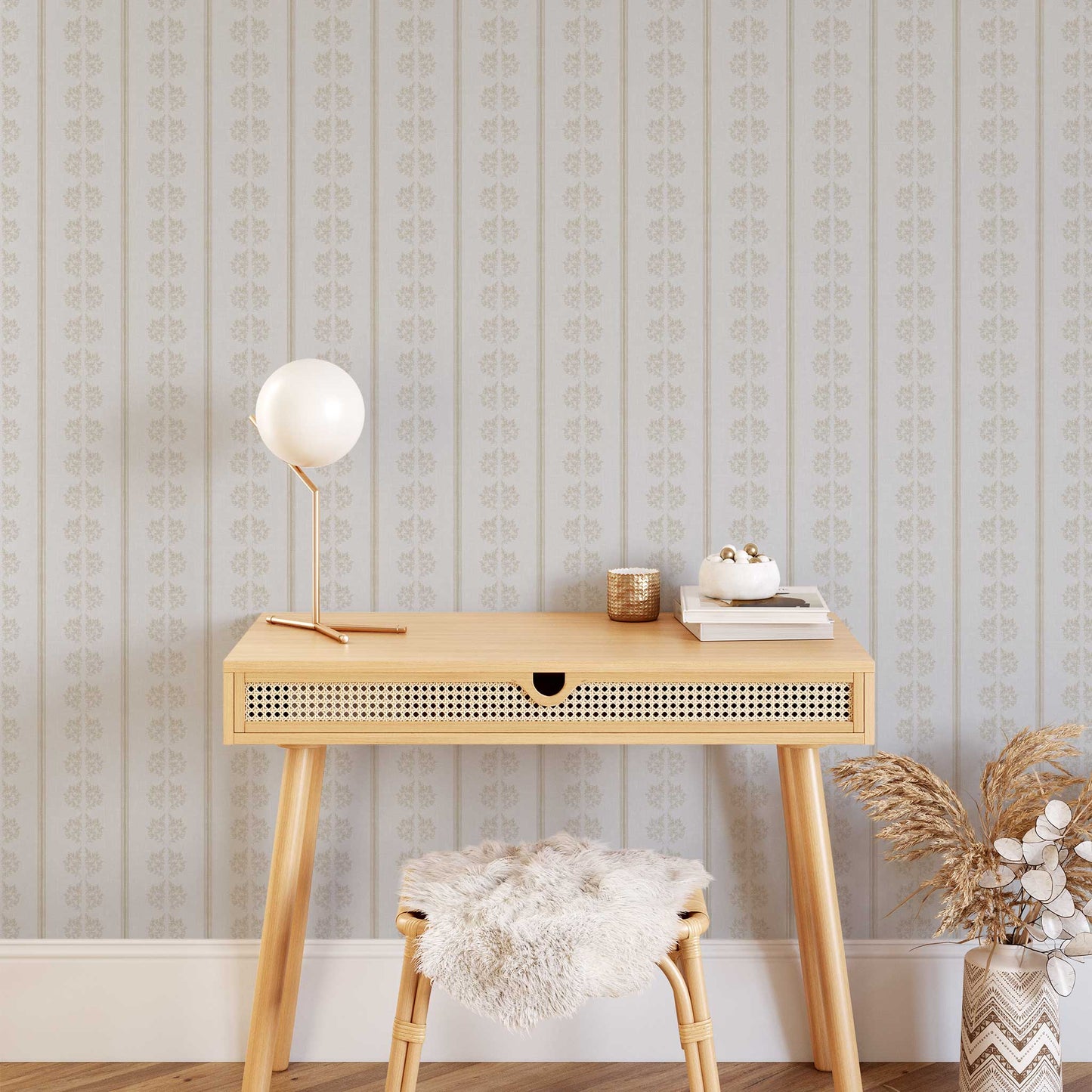 Vintage Branches and Stripes Wallpaper in French Blue shown in an office.