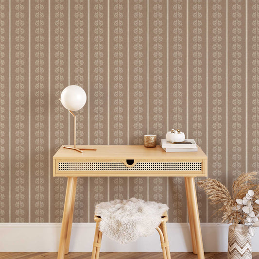 Vintage Branches and Stripes Wallpaper in Taupe shown in an office.