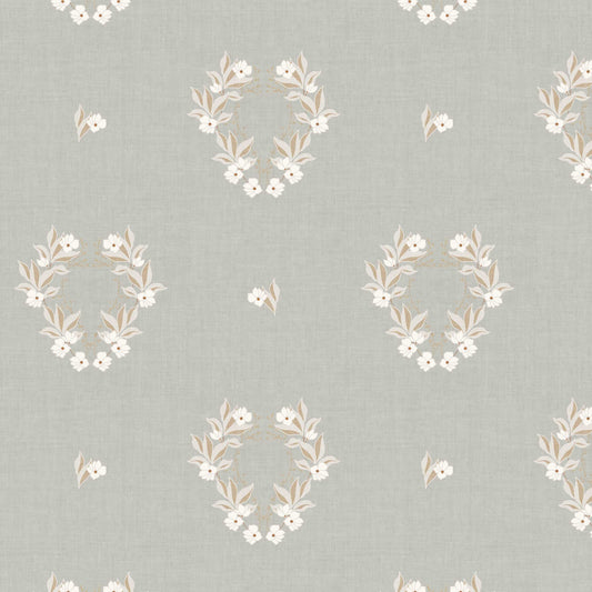 Closeup view of our Botanical Laurel Wreath Wallpaper in Gray Sage