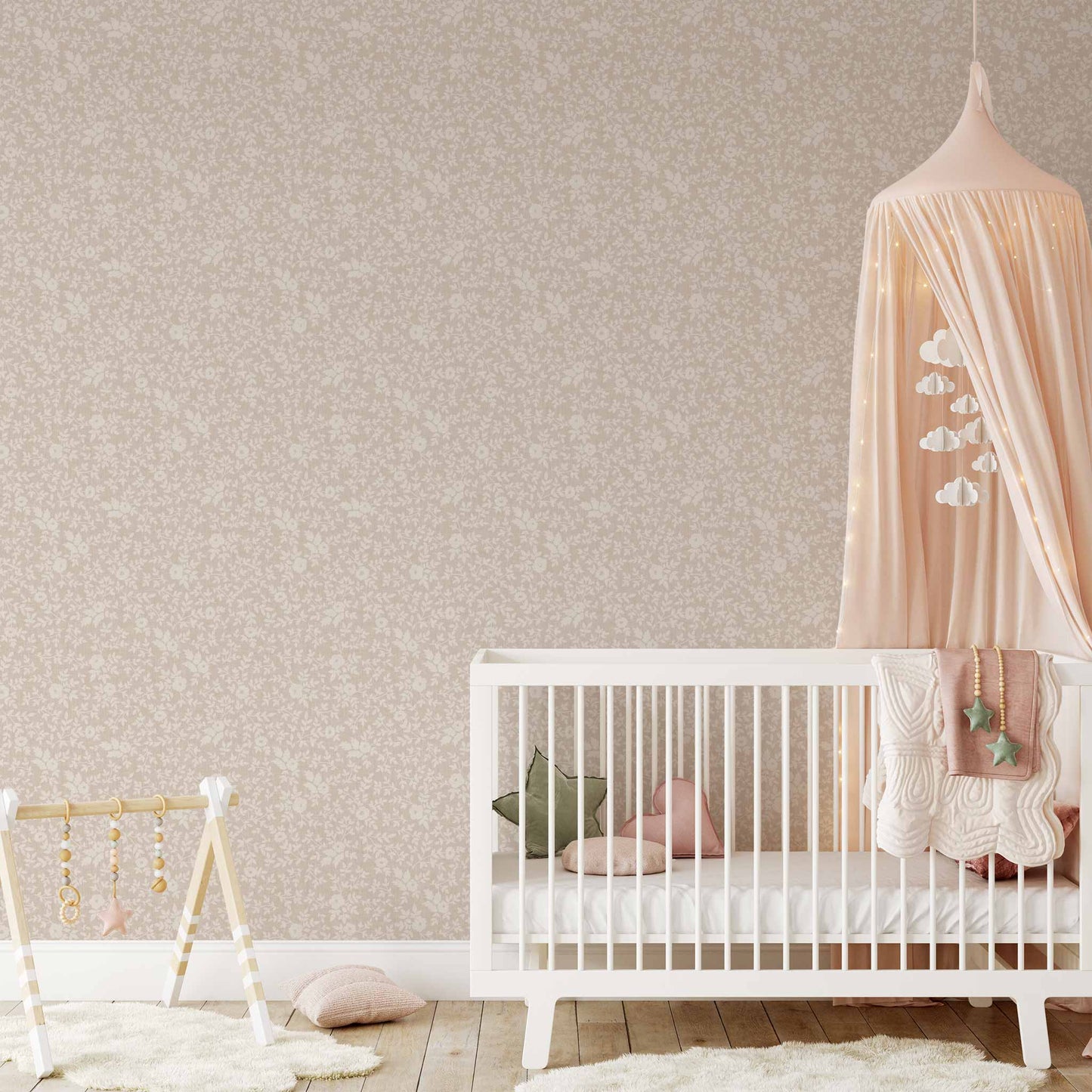 Elegant Florals Wallpaper in Dusty Peach shown in a nursery.