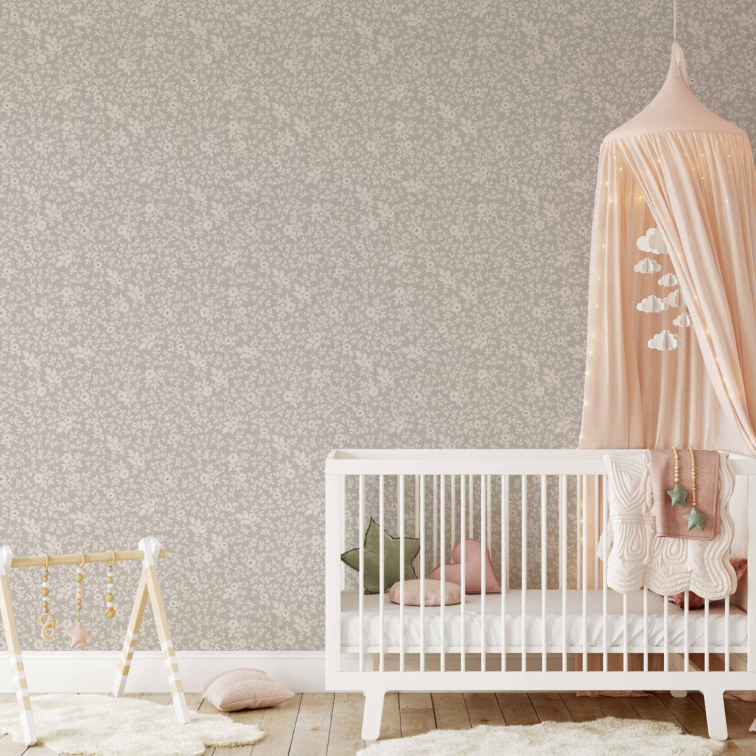 Elegant Florals Wallpaper in Light Gray shown in a nursery.