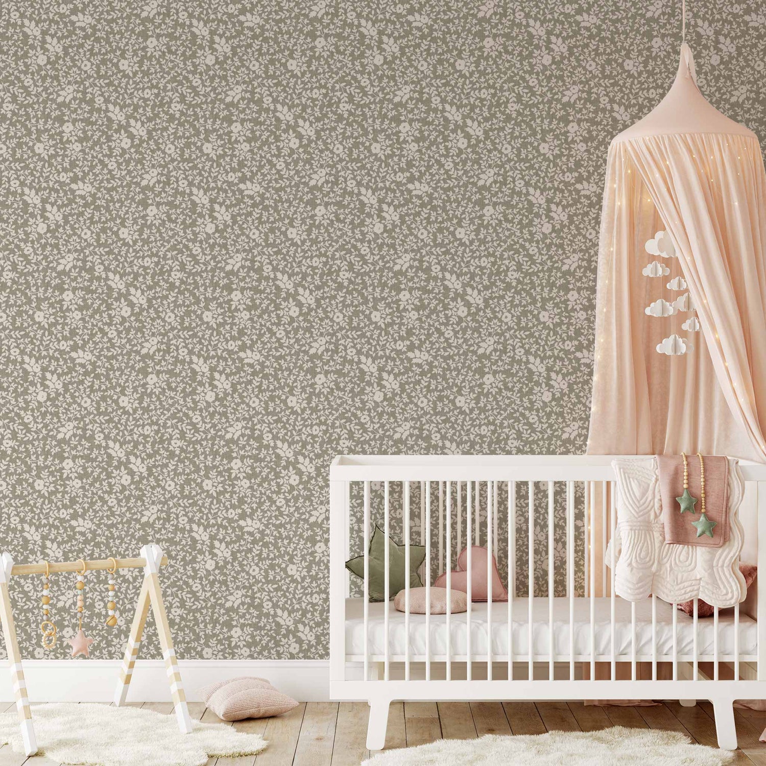 Elegant Florals Wallpaper in Sage shown in a nursery.