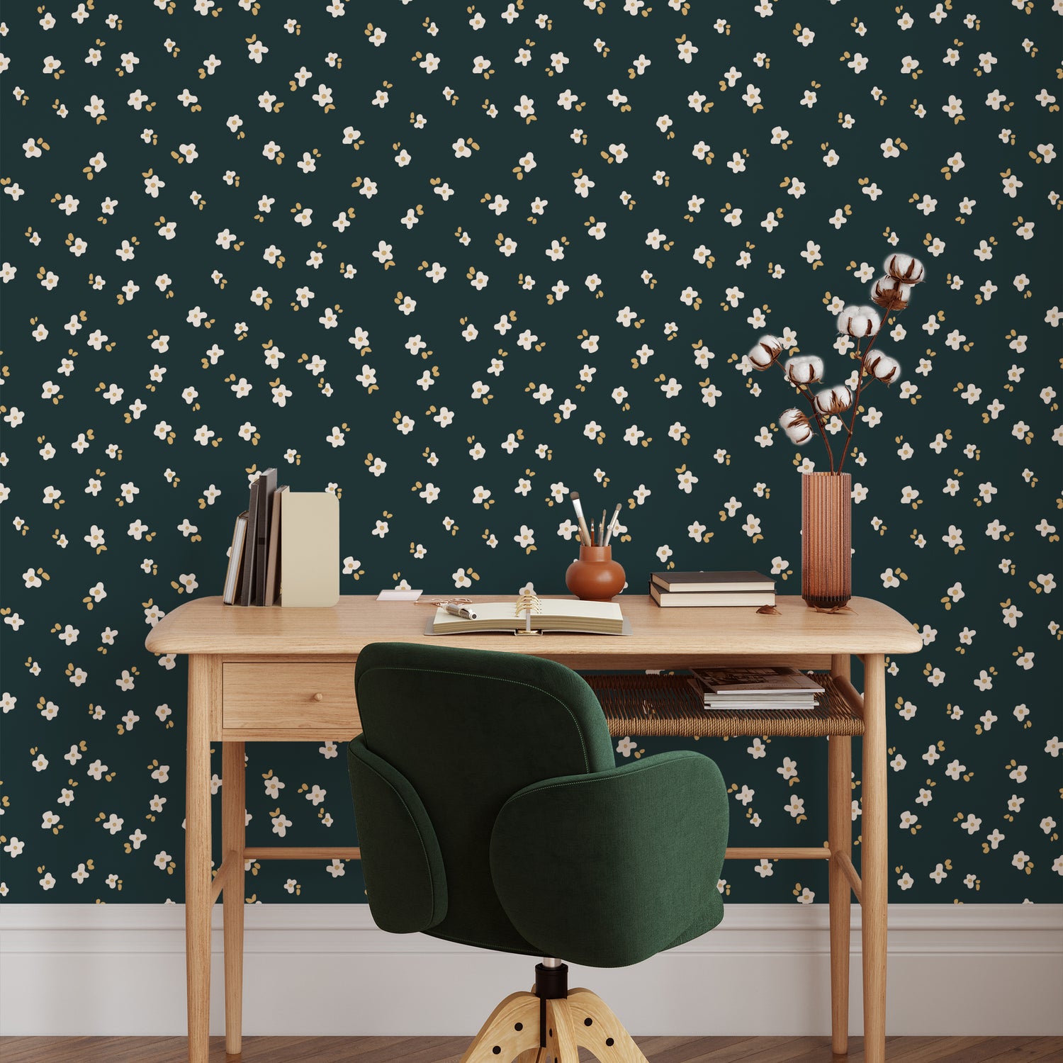 Our Snow in Summer removable peel and stick wallpaper in Dark Green showcased in a home office.