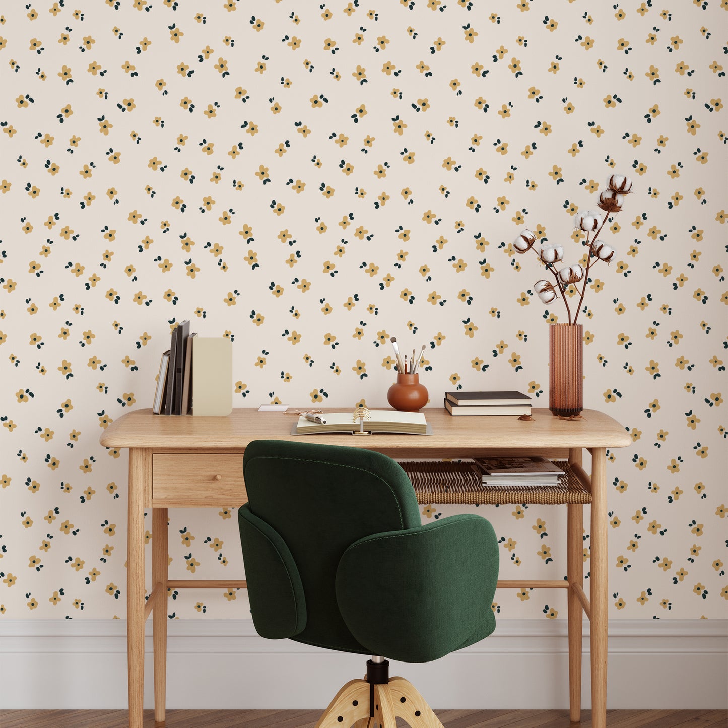 Our Snow in Summer removable peel and stick wallpaper in Ochre Yellow showcased in a home office.