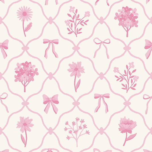 Our Something Pink wallpaper features pink flowers and bows on a white background.