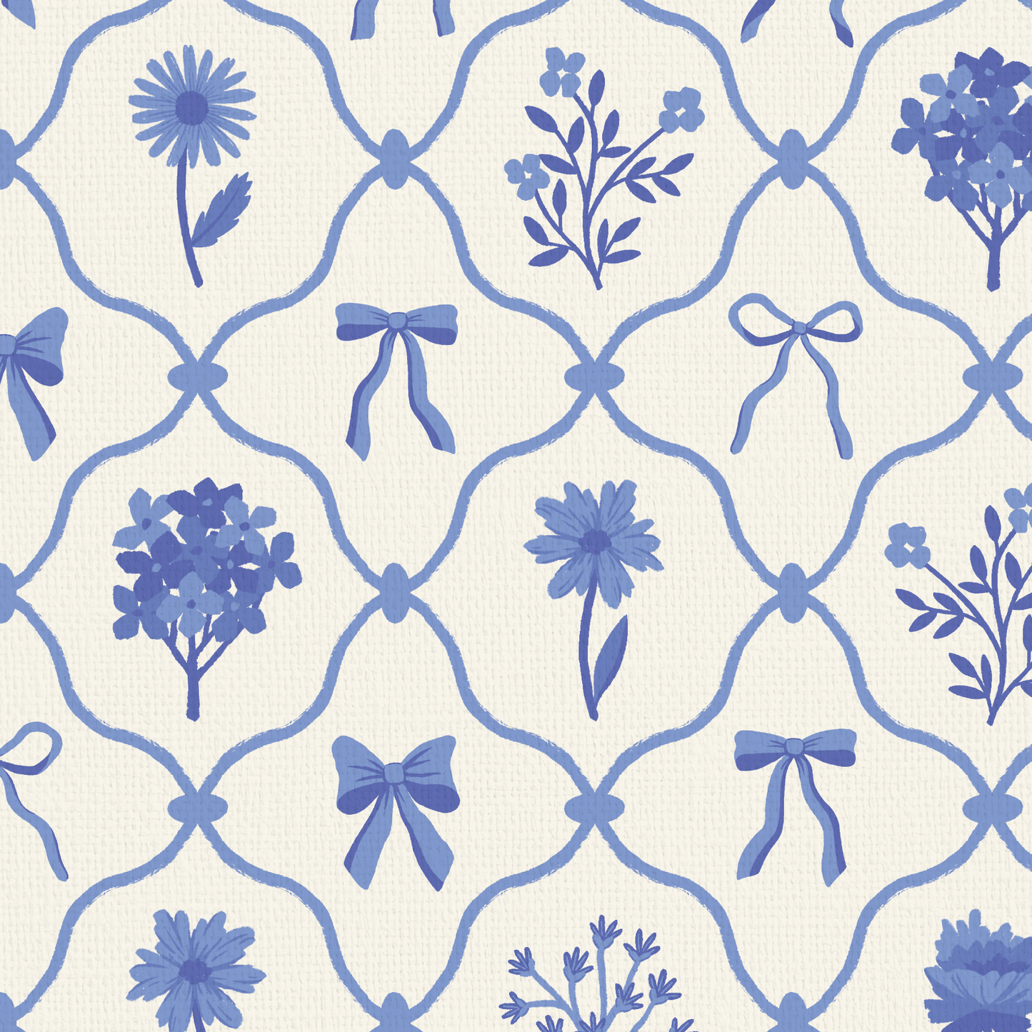 Something Blue Wallpaper with blue and white lattice design with bows and florals