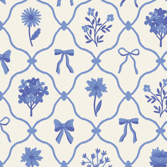 Something Blue Wallpaper with blue and white lattice design with bows and florals
