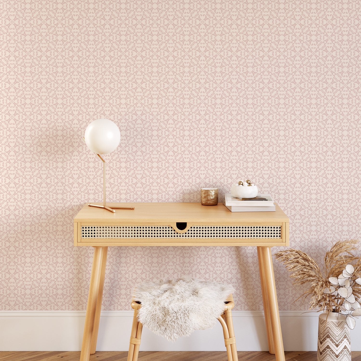 Ayara's peel and stick removable Spanish Tiles Wallpaper in Blush featured in an office.