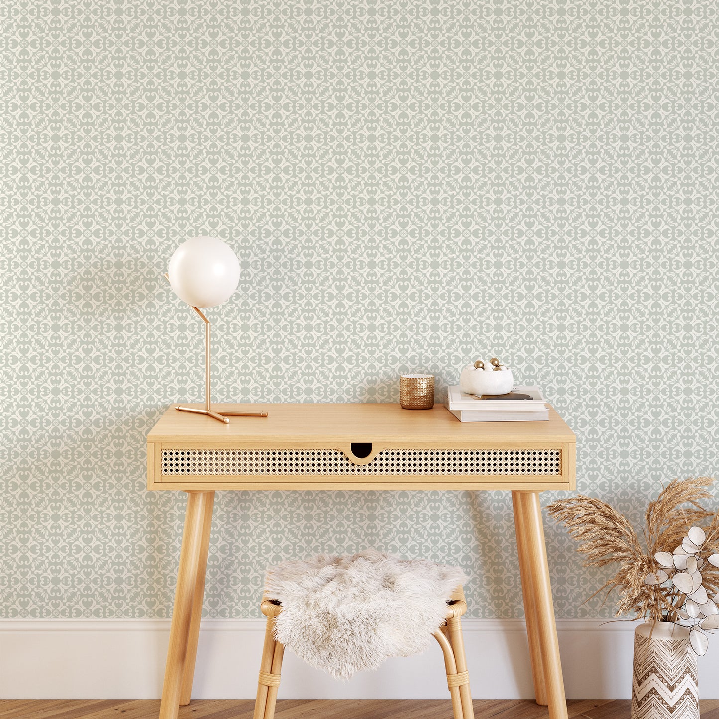 Ayara's peel and stick removable Spanish Tiles Wallpaper in Sage featured in an office.