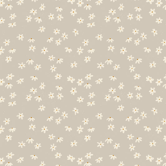 Daisy Doodles Wallpaper in Taupe shown close up.