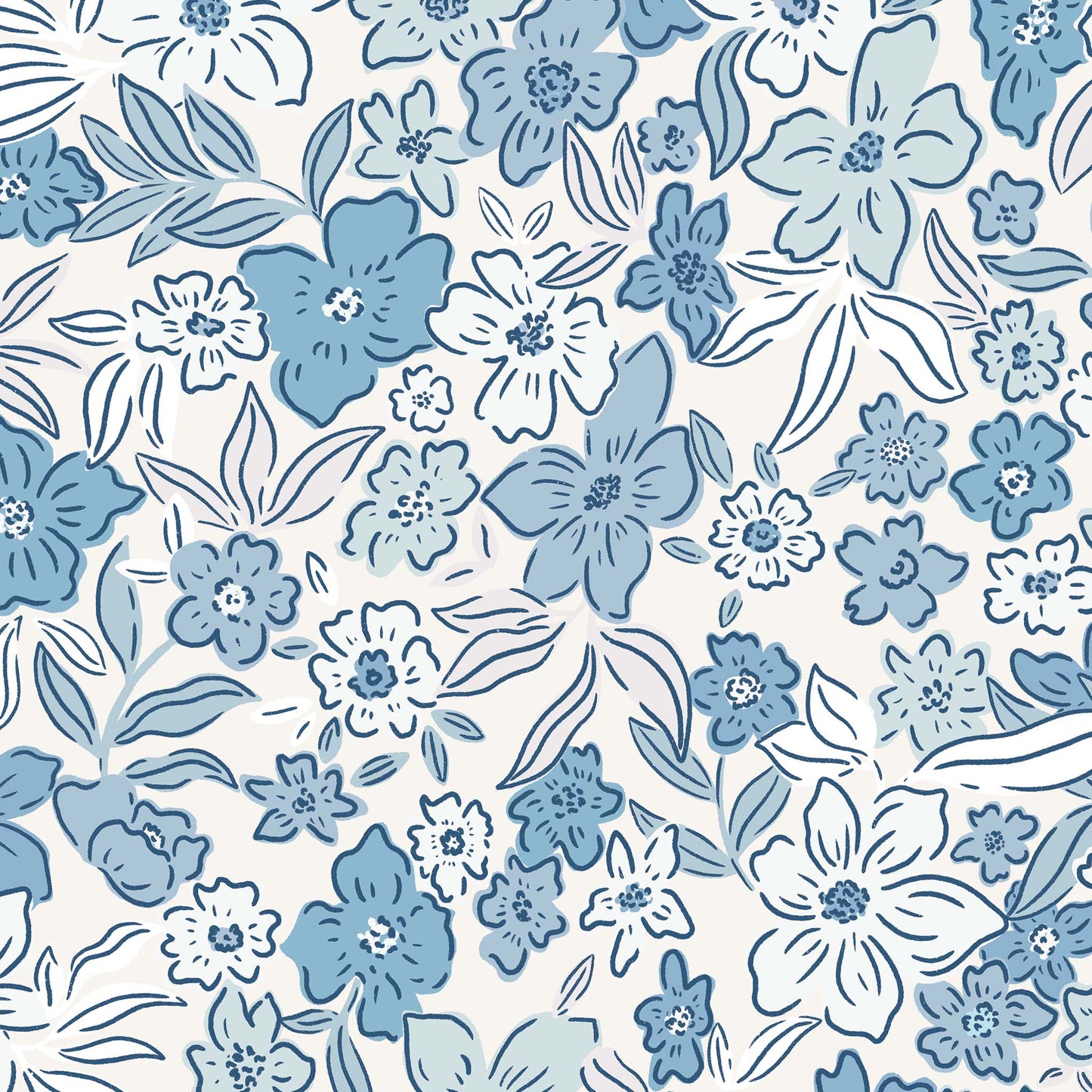 Introducing our Sweet Meadow Wallpaper in Sunshine Yellow, featuring a charming array of vibrant botanicals and scattered flowers in a calming blue hue shown zoomed in.