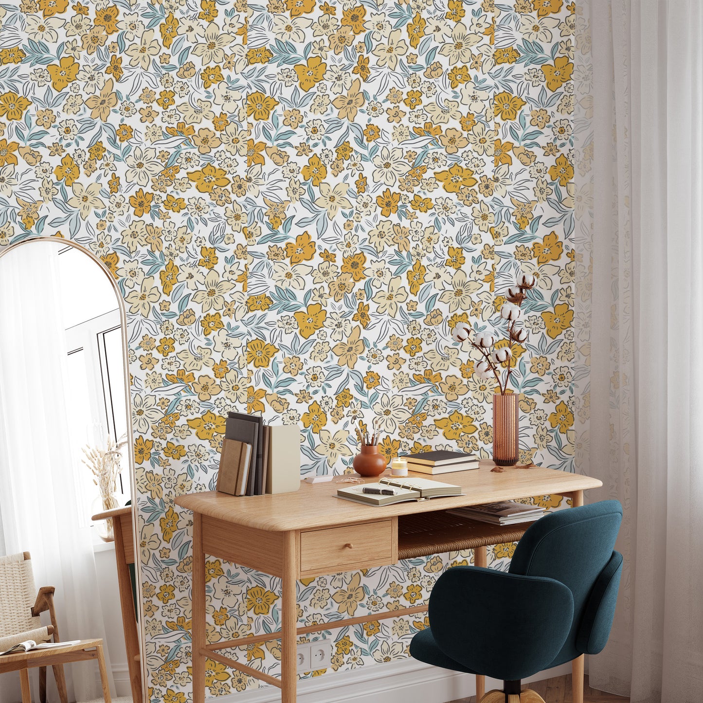 Introducing our Sweet Meadow Wallpaper in Sunshine Yellow, featuring a charming array of vibrant botanicals and scattered flowers in a calming yellow hue shown in a full size image.