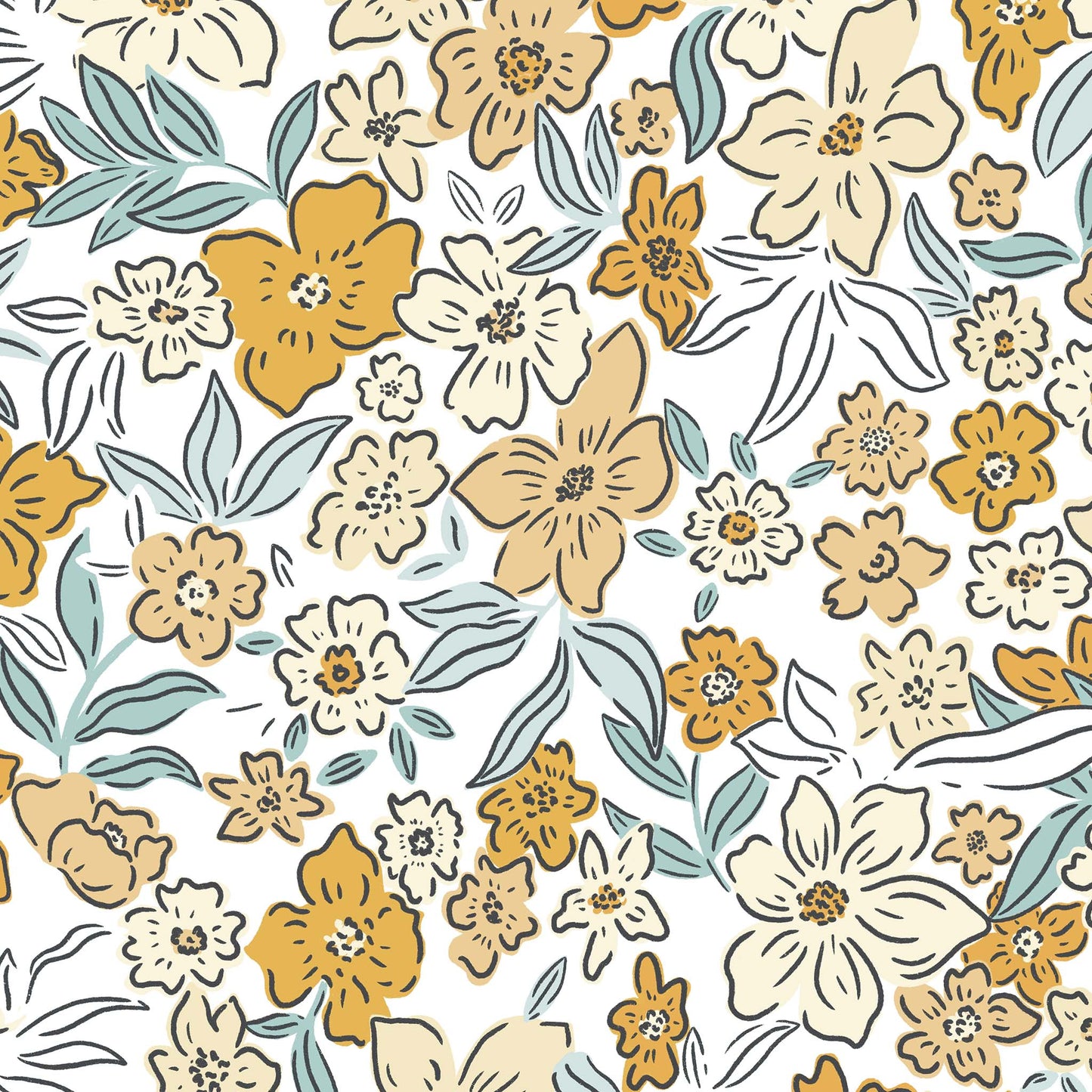 Introducing our Sweet Meadow Wallpaper in Sunshine Yellow, featuring a charming array of vibrant botanicals and scattered flowers in a calming yellow hue shown in a zoomed in image.