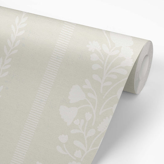 Sweet Floral Stripe Wallpaper in Cream on a roll of wallpaper