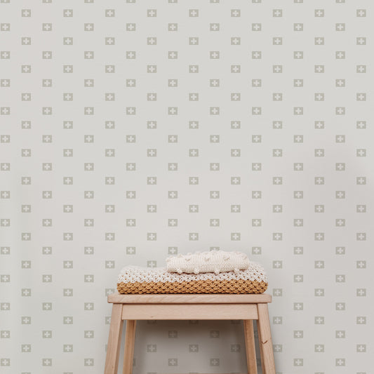 Swiss Flags Wallpaper in Neutral shown on a wall.