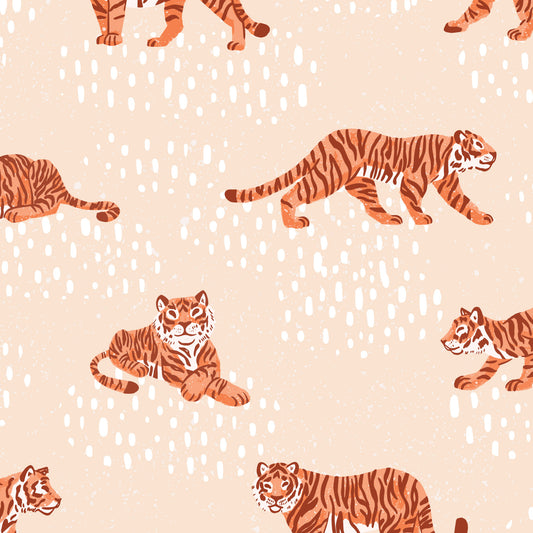 Close up of Tiger Meadow- Tan and Orange Wallpaper perfect for a nursery or playroom space.
