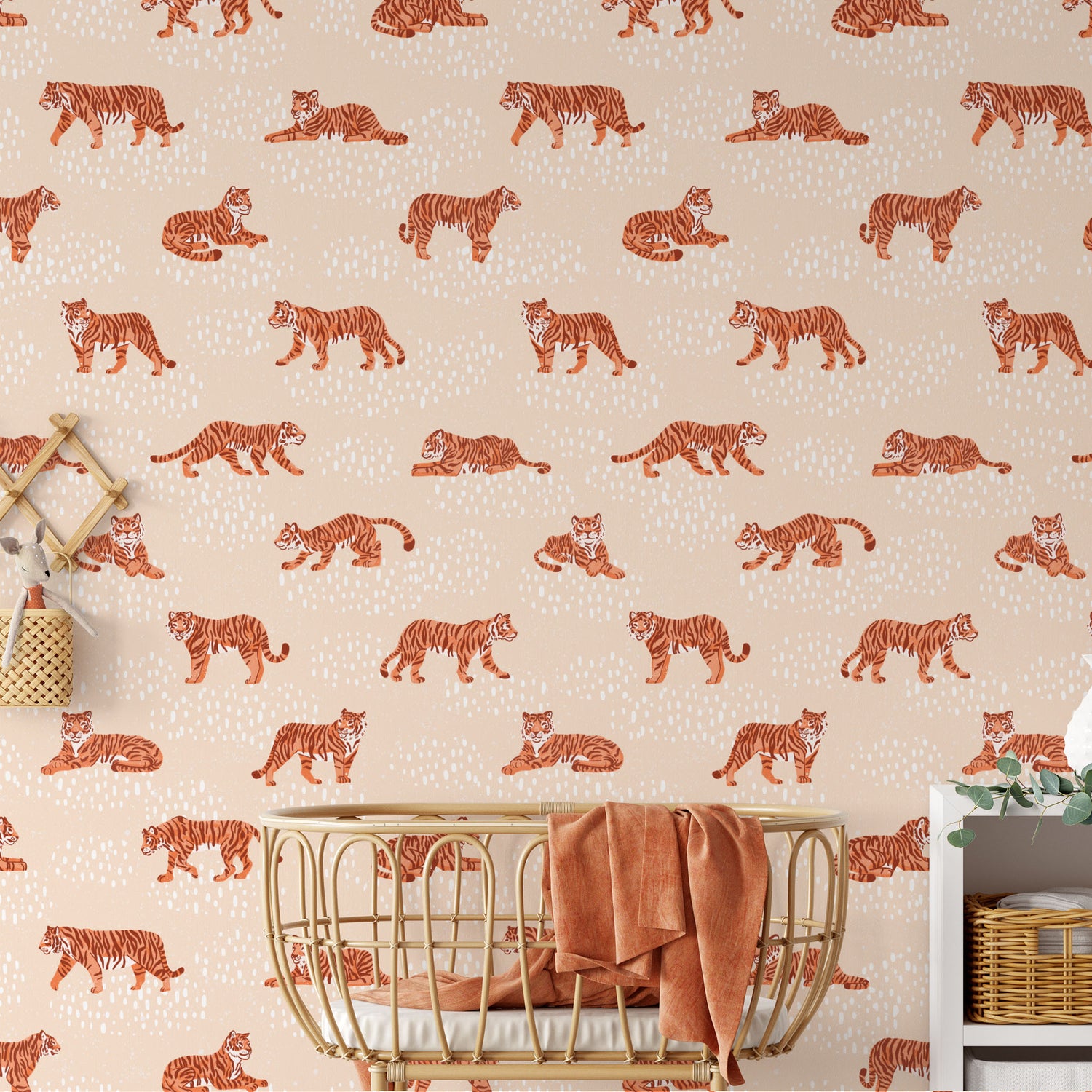 Mock up of Tiger Meadow- Tan and Orange Wallpaper perfect for a nursery or playroom space.