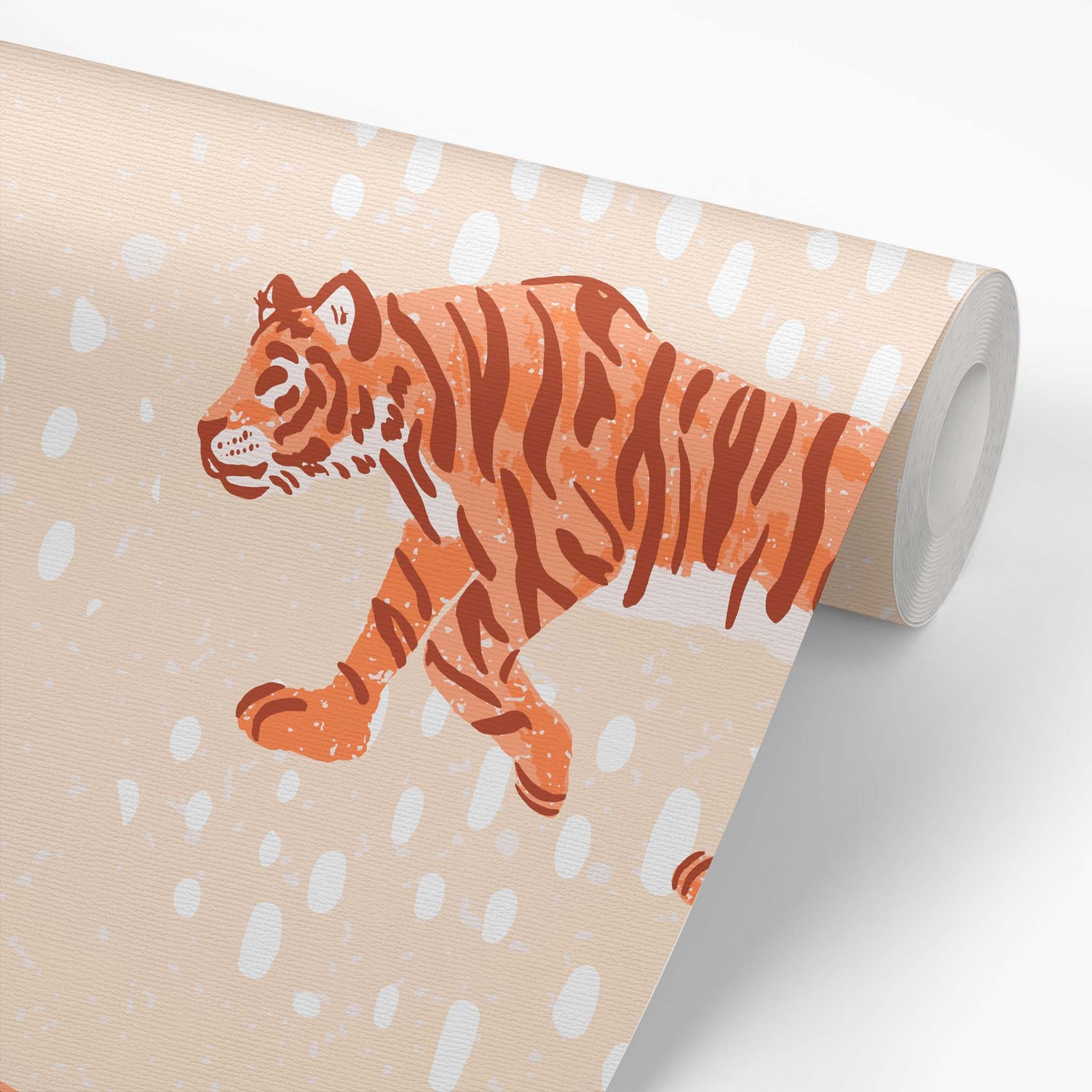 Wallpaper roll of Tiger Meadow- Tan and Orange Wallpaper perfect for a nursery or playroom space.