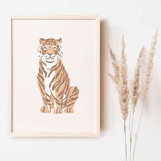 Sitting Tigers art print in tan is great for kids spaces