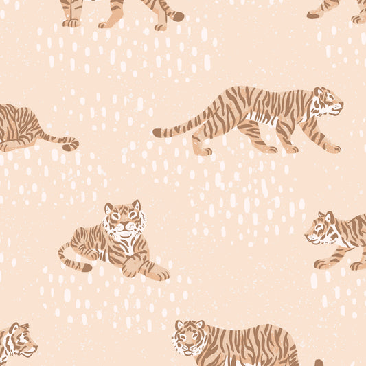 Close up of Tiger Meadow- Tan Wallpaper perfect for a nursery or playroom space.
